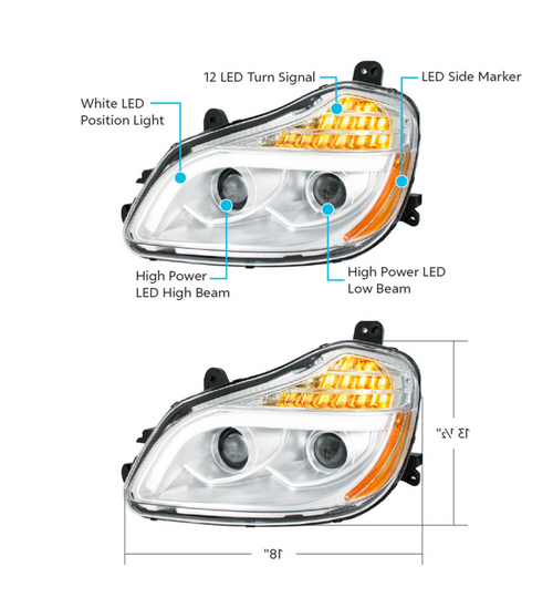 Chrome 8 LED Projection Headlight For 2013-2021 Kenworth T680-Driver