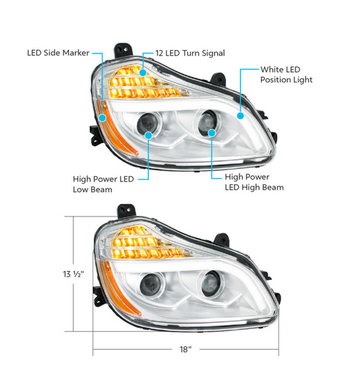 Chrome 8 LED Projection Headlight For 2013-2021 Kenworth T680-Passenger