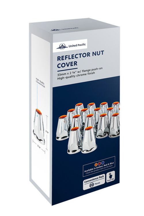 33mm X 2-3/4" Chrome Plastic Nut Covers W/ Flange - Push-On -Amber Reflector (Color Box of 20)