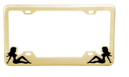 Descontinued. Brass plated (gold color) frame with wide bottom and black painted lady figure silhouettes