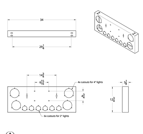 33-3/4" SS Rear Center Light Panel With Four 4" & Six 2" Light Cutouts