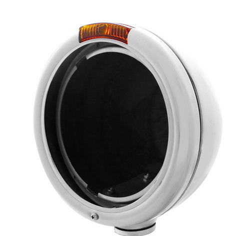 Stainless Steel "Classic" Headlight No Bulb & Turn Signal Light - Amber Lens