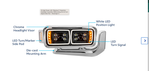 10 High Power LED "Blackout" Projection Headlight Assembly W/Mounting Arm & Turn Signal Side Pod - Passenger S PETERBILT