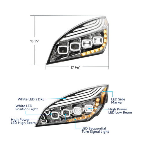 Chrome Quad-LED Headlight With LED DRL & Seq. Signal For 2018-2024 Freightliner Cascadia - Driver 