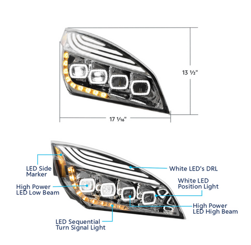 Chrome Quad-LED Headlight With LED DRL & Seq. Signal For 2018-2024 Freightliner Cascadia - Passenger