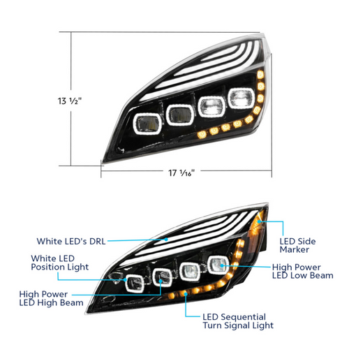Black Quad-LED Headlight With LED DRL & Seq. Signal For 2018-2024 Freightliner Cascadia - Driver