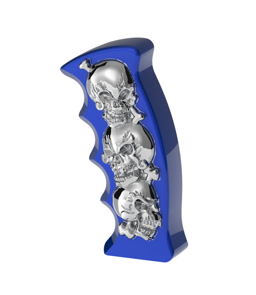 Thread-On Skulls Pistol Grip Gearshift Knob - Indigo Blue With Chrome Skulls