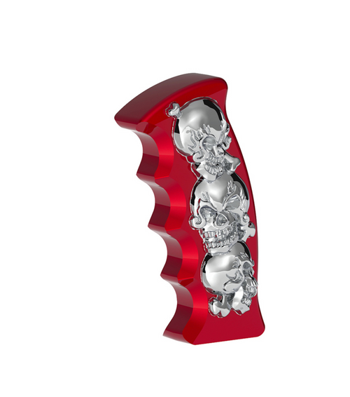 Thread-On Skulls Pistol Grip Gearshift Knob - Candy Red With Chrome Skulls