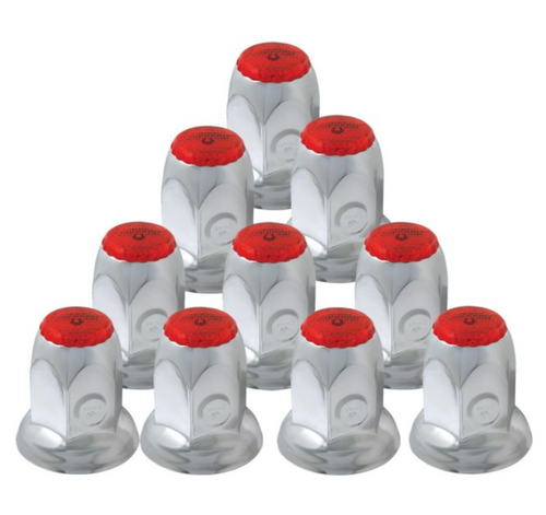 Chrome Steel Reflector Push-On Lug Nut Cover w/ Flange Red 10 Pcs