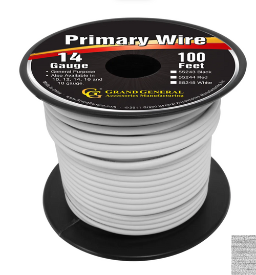 White 14Ga Primary Wire, 25Ft Roll W/ Spool