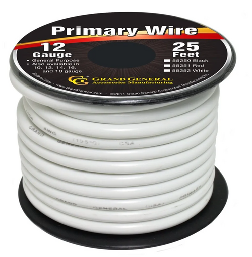 Primary Wire in 12 Gauge, 25 Ft Roll With Spool (White)