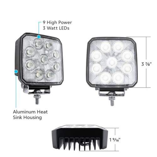 9 LED High Power 3-7/8" Square Work Light-Flood 12-24V