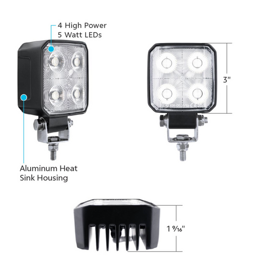 4 LED High Power 3" Square Work Light-Flood 12-24V