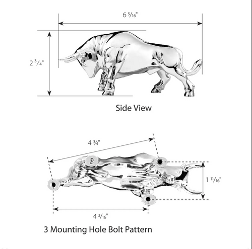 Fighting Bull Hood Ornament Chrome 6-5/16" L x 1-13/16" W x 2-3/4" H