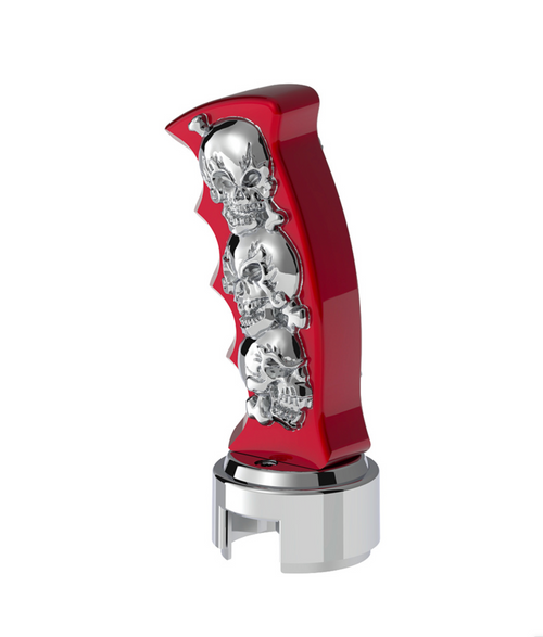 Thread-On Skulls Pistol Grip Gearshift Knob With 13/15/18 Speed Adapter - Candy Red/Chrome
