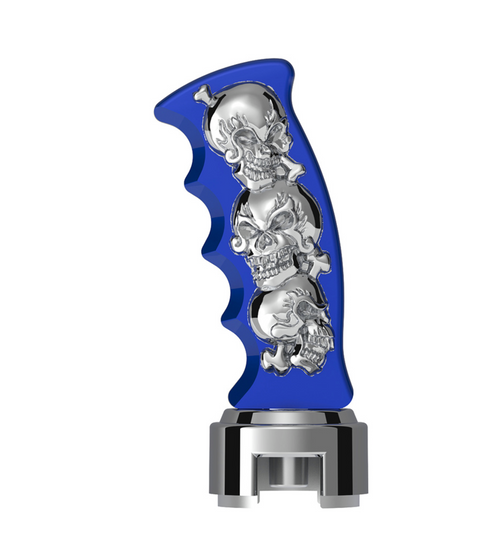 Thread-On Skulls Pistol Grip Gearshift Knob With 13/15/18 Speed Adapter - Indigo Blue/Chrome