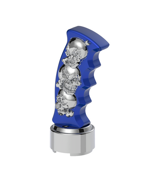 Thread-On Skulls Pistol Grip Gearshift Knob With 13/15/18 Speed Adapter - Indigo Blue/Chrome