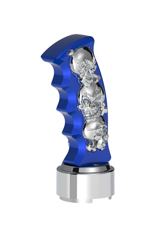 Thread-On Skulls Pistol Grip Gearshift Knob With Chrome 9/10 Speed Adapter - Indigo Blue With Chrome Skulls