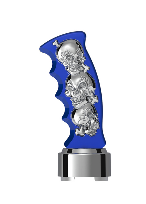 Thread-On Skulls Pistol Grip Gearshift Knob With Chrome 9/10 Speed Adapter - Indigo Blue With Chrome Skulls