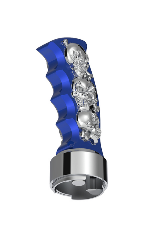 Thread-On Skulls Pistol Grip Gearshift Knob With Chrome 9/10 Speed Adapter - Indigo Blue With Chrome Skulls