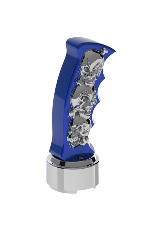 Thread-On Skulls Pistol Grip Gearshift Knob With Chrome 9/10 Speed Adapter - Indigo Blue With Chrome Skulls