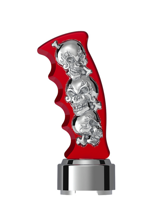 Thread-On Skulls Pistol Grip Gearshift Knob With Chrome 9/10 Speed Adapter - Candy Red With Chrome Skulls