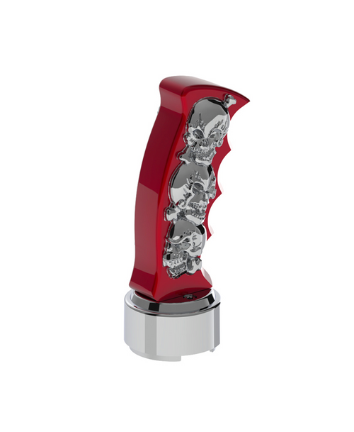 Thread-On Skulls Pistol Grip Gearshift Knob With Chrome 9/10 Speed Adapter - Candy Red With Chrome Skulls
