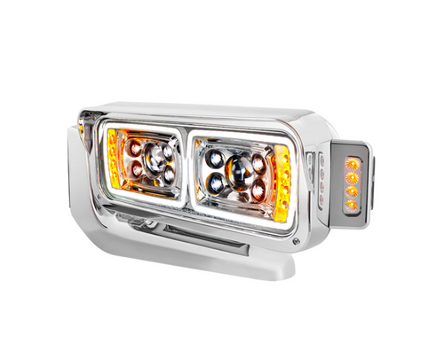 10 High Power LED "Chrome" Projection Headlight Assembly W/Mounting Arm & Turn Signal Side Pod - Driver Side