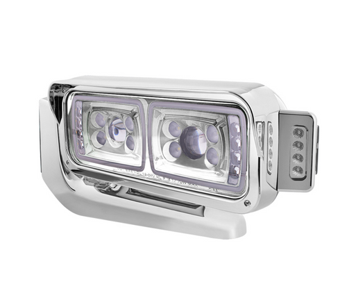 10 High Power LED "Chrome" Projection Headlight Assembly W/Mounting Arm & Turn Signal Side Pod - Driver Side