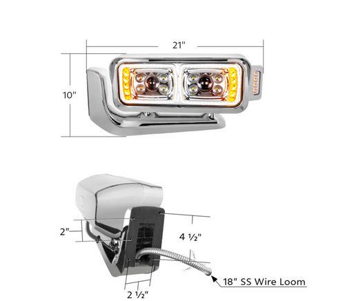 10 High Power LED "Chrome" Projection Headlight Assembly W/Mounting Arm & Turn Signal Side Pod - Driver Side