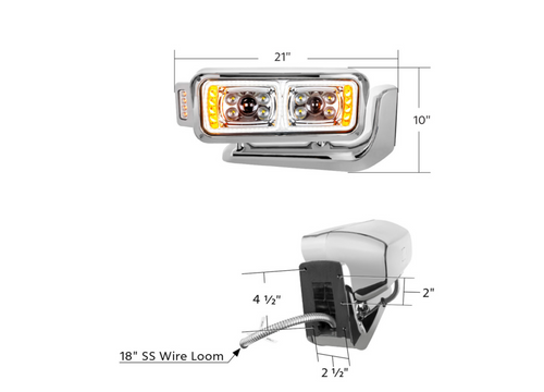 10 High Power LED "Chrome" Projection Headlight Assembly W/Mounting Arm & Turn Signal Side Pod - Passenger Side