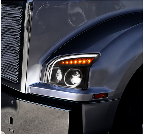 High Power LED Blackout Headlight With LED Turn Signal & Light Bar For 2015-2025 Kenworth T880-Driver