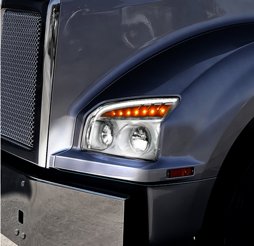 High Power LED Chrome Headlight With LED Turn Signal & Light Bar For 2015-2025 Kenworth T880-Driver