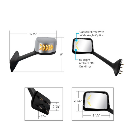 Chrome Plastic Hood Mirror Assembly With Sequential LED Turn Signals For 2018-2024 International Prostar LT-Passenger