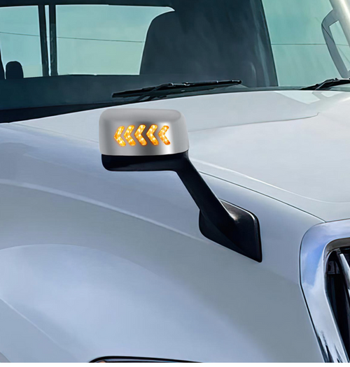 Chrome Plastic Hood Mirror Assembly With Sequential LED Turn Signals For 2018-2024 International Prostar LT-Passenger