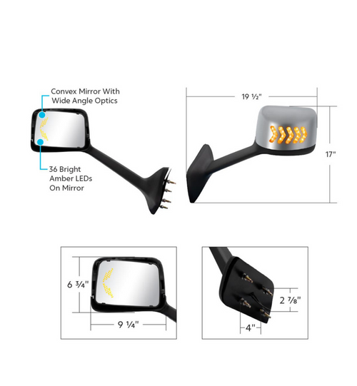 Chrome Plastic Hood Mirror Assembly With Sequential LED Turn Signals For 2018-2024 International Prostar LT-Driver