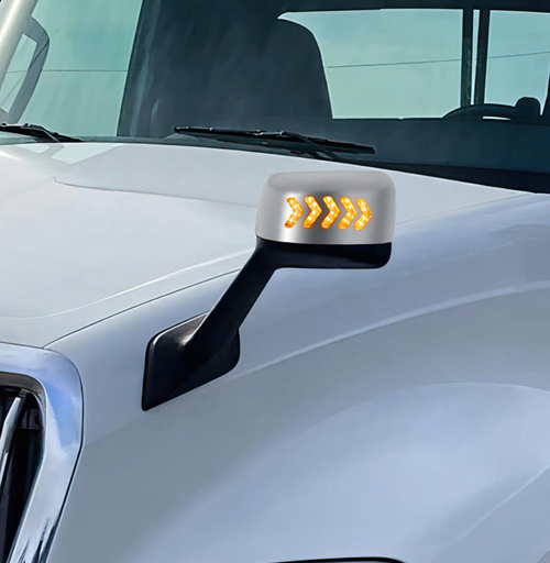 Chrome Plastic Hood Mirror Assembly With Sequential LED Turn Signals For 2018-2024 International Prostar LT-Driver