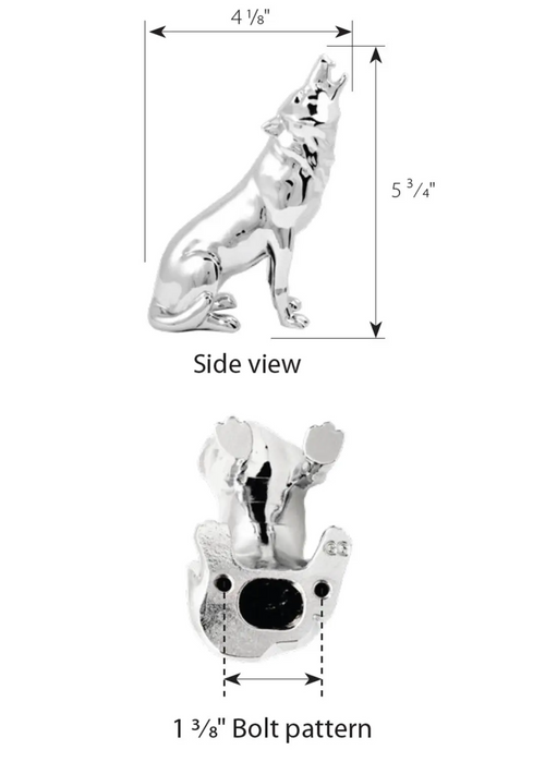 Howling Wolf Hood Ornament Chrome Size	4-1/8" L x 2-1/4" W x 5-3/4" H