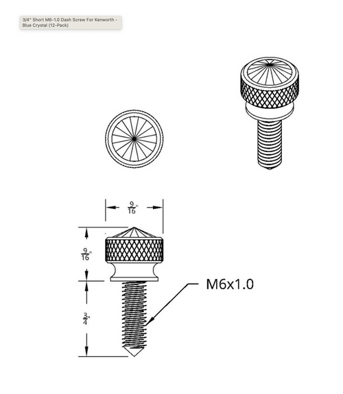 3/4" Short M6-1.0 Dash Screw For Kenworth - Blue Crystal (12-Pack)