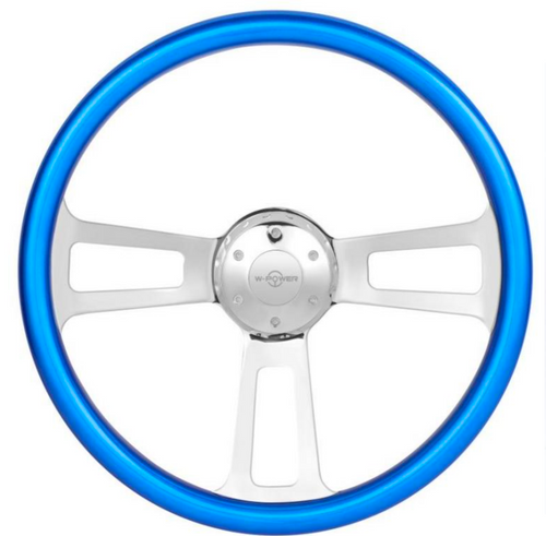 18” Steering Wheel Blue Chrome 3-Spoke w/ Slot Cut Outs Chrome Horn Button Logo