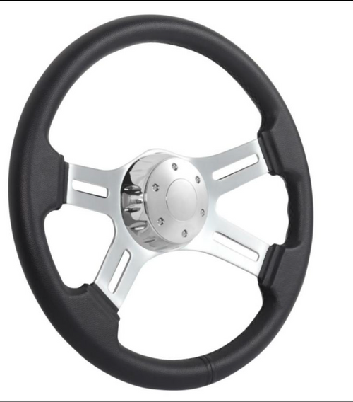 18” Steering Wheel Black Microfiber Chrome 4-Spoke w/ Slot Cut Outs Chrome Horn Button - Logo