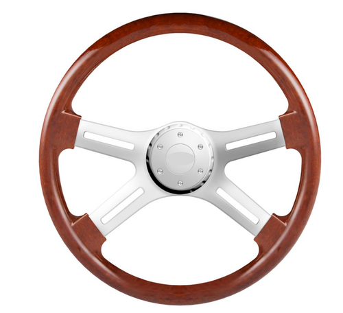 16" Steering Wheel Wood Chrome 4-Spoke w/ Slot Cut Outs Chrome Horn Button - Logo