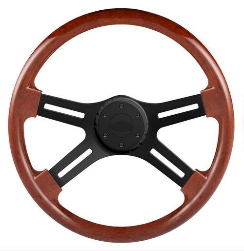 18" Steering Wheel (Wood Black SPOKE) Chrome 4-Spoke w/ Slot Cut Outs Chrome Horn Button - Logo