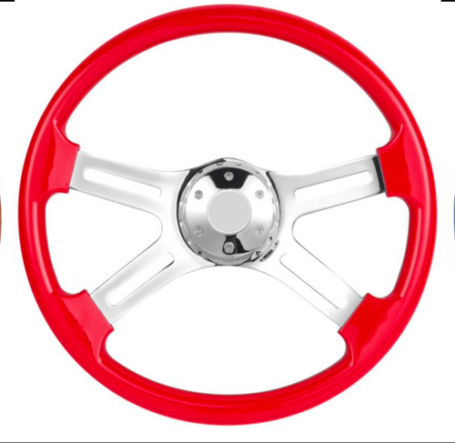 18” Steering Wheel Red Chrome 4-Spoke w/ Slot Cut Outs Chrome Horn Button - Logo