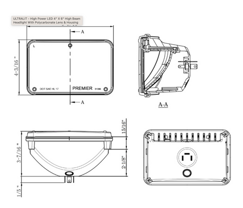 ULTRALIT - High Power LED 4" X 6" High Beam Headlight With Polycarbonate Lens & Housing