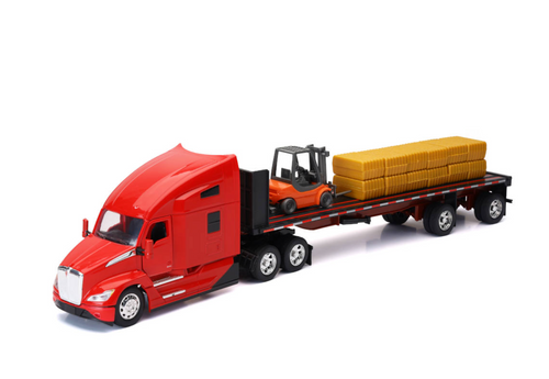 Toy Truck, Kenworth T680 Flatbed W/ Forklift and Hay Bales,1:32 Scale