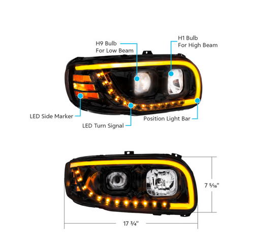 Blackout Projection Headlight With LED Turn Signal & Light Bar For 2008-2024 Peterbilt 389-Driver