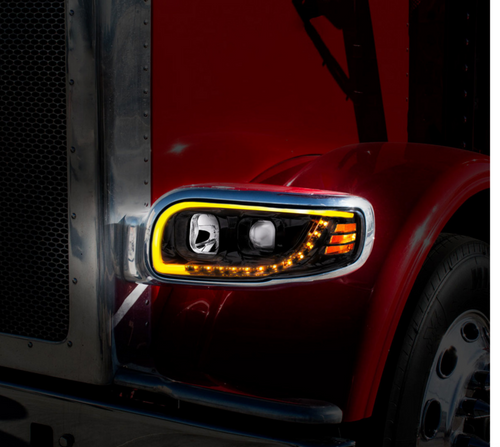 Blackout Projection Headlight With LED Turn Signal & Light Bar For 2008-2024 Peterbilt 389-Driver
