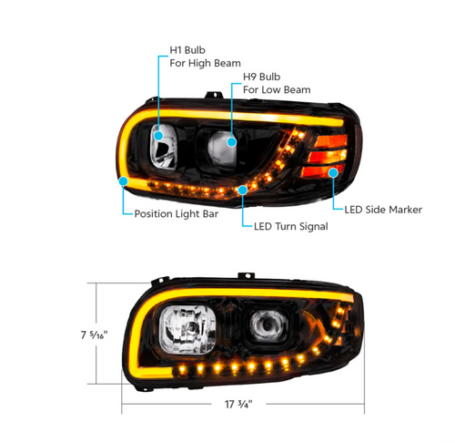 Blackout Projection Headlight With LED Turn Signal & Light Bar For 2008-2024 Peterbilt 389-Passenger