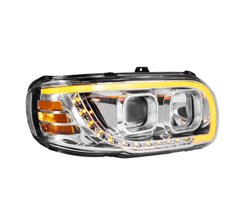Chrome Projection Headlight With LED Turn Signal & Light Bar For 2008-2024 Peterbilt 389-Passenger